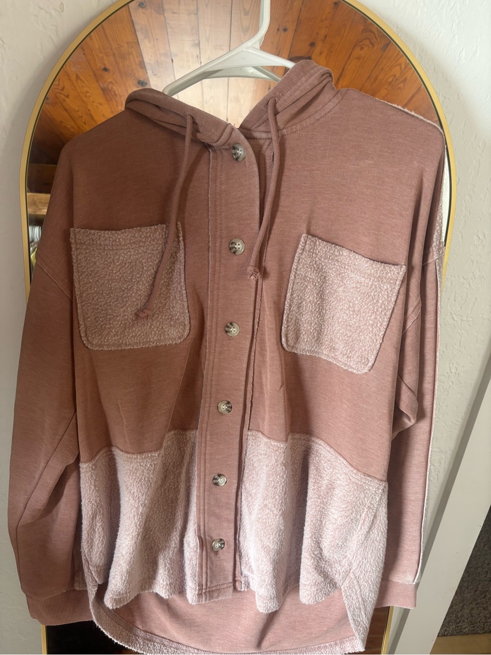 Men's Hooded Button-Front Two-Tone Pocket Sweater - Mauve